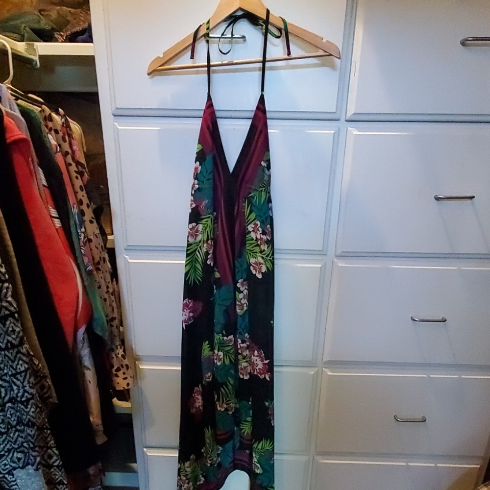 Black floral halter maxi sundress